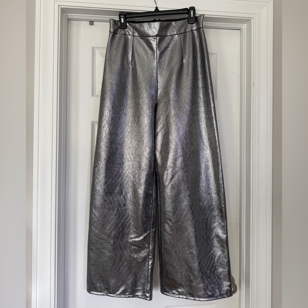 Anthropologie Metallic Silver Wide-Leg Women's Pants - Picture 3 of 7